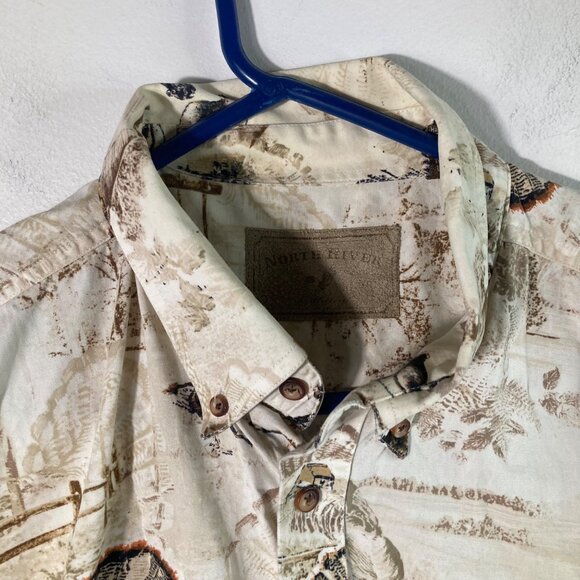 Mens North River Hunting Turkey Button Shirt Short Sleeve 2XL Cream Brown Cotton - Picture 3 of 7